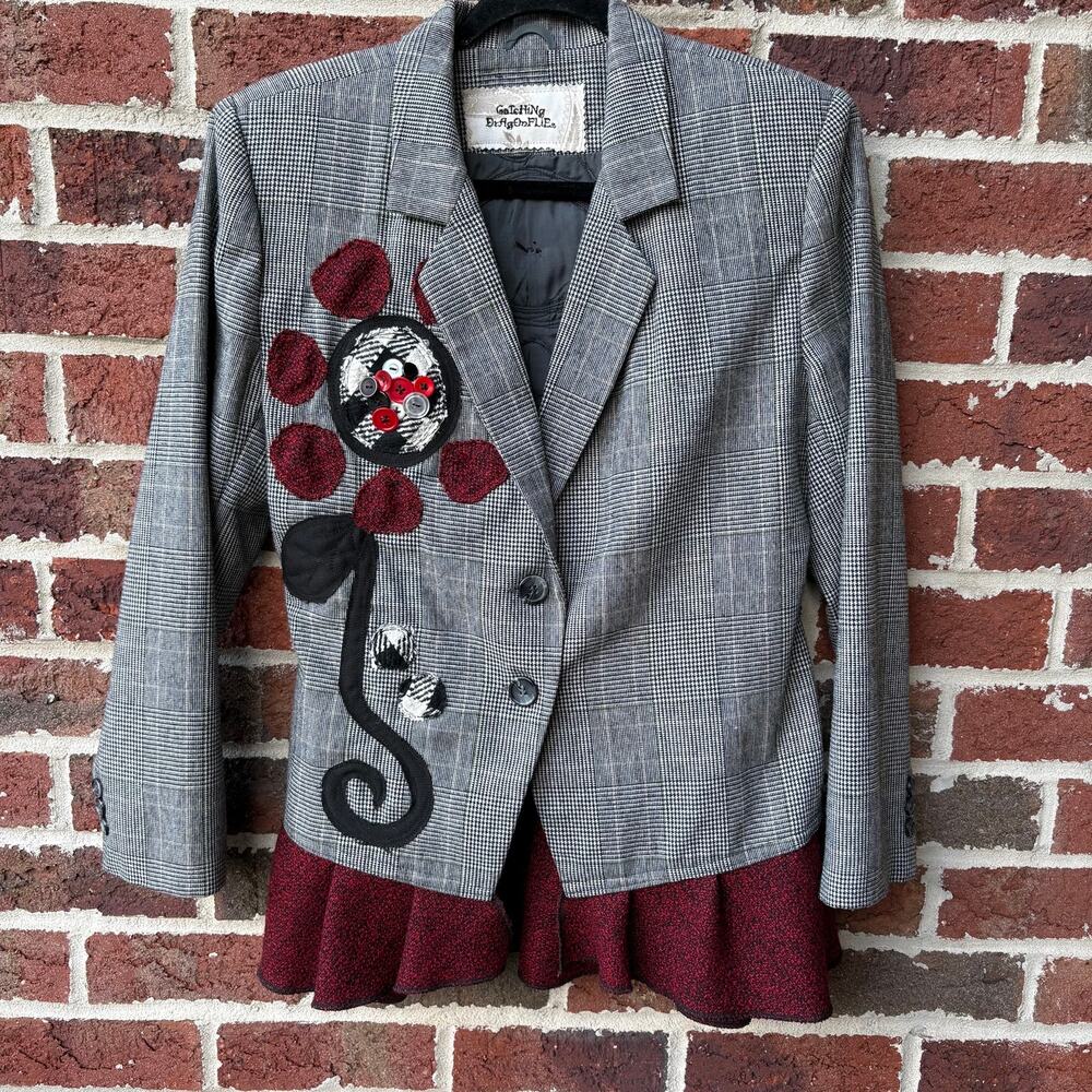 2000s Plaid Art to Wear Floral Appliqué Blazer Jacket Whimsigoth Size M